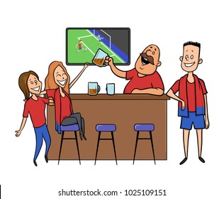 Beer bar - Restaurant. Football fans cheering for the team in a bar. Football match, bar with bartender, alcohol drink. Flat vector illustration on white background. Cartoon character image.