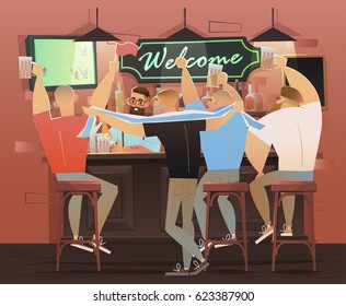 Beer bar - Restaurant. Football fans celebrate victory.  Football match, bar with bartender, alcohol drinks and friends. vector illustration