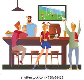 Beer bar - Restaurant. Football fans cheering for the team in a bar. Football match, bar with bartender, alcohol drink. Flat vector illustration on white background. Cartoon character image.