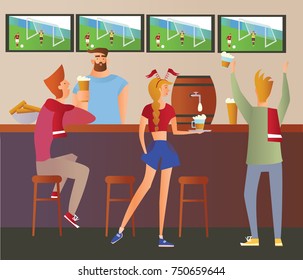 Beer bar - Restaurant. Football fans cheering for the team. Football match, bar with bartender, alcohol drink, TV-set. Flat vector illustration.