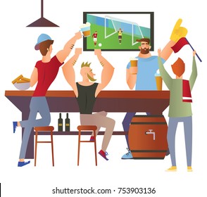 Beer bar - Restaurant. Football fans cheering for the team in a bar. Football match, bar with bartender, alcohol drink. Flat vector illustration on white background. Cartoon character image.