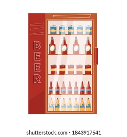 Beer bar set flat composition with front view of vending machine with bottles and cans vector illustration