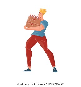 Beer bar set flat composition with human character of guy holding pack of beer bottles vector illustration