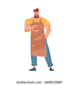 Beer bar set flat composition with character of barbed man with bartender holding mug vector illustration
