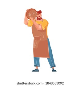 Beer bar set flat composition with isolated human character of bartender with beard holding keg vector illustration