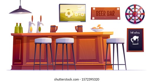 Beer bar stuff, pub desk with bottles and cups, high stools, drinks, menu board, darts and television with football match hang on wall isolated on white background Cartoon vector illustration clip art