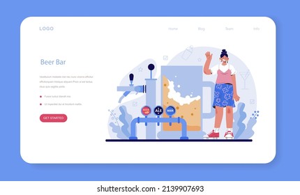 Beer bar web banner or landing page. Barman with a beer pouring machine. Bartender standing at bar counter, preparing alcoholic drinks. Isolated flat vector illustration