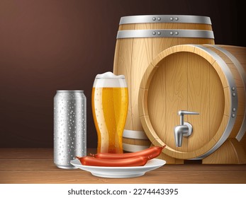 Beer and barrel background. Realistic wooden container for storing alcoholic drinks, glass goblet, tin can with drops, barbecue sausages, pub or bar bewerage, 3d elements utter vector concept