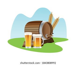 beer barrel drink wooden with jars vector illustration design