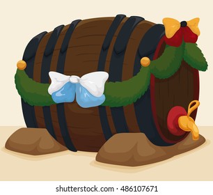 Beer barrel with festive decoration and bow ties commemorating Germany and Bavaria colors in honor to Oktoberfest celebration.