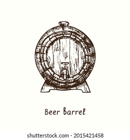 Beer barrel front view with tap. Ink black and white doodle drawing in woodcut style.