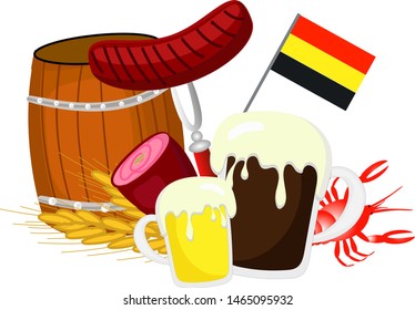 Beer barrel, German flag, jamon and other elements on a white background for oktoberfest