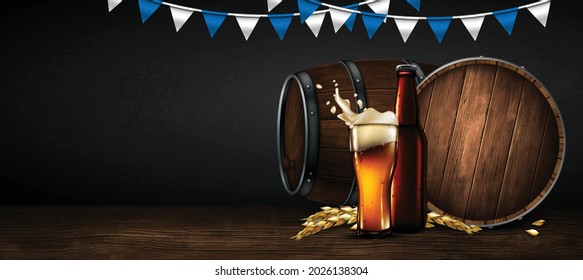 Beer barrel and a glass of frothy beer. Highly realistic illustration.