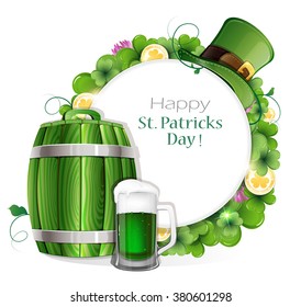 Beer barrel, glass and leprechaun hat on clover background with place for text.   St. Patrick's Day background.