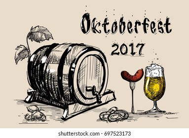Beer Barrel Glass With Sausage Sketch Oktoberfest Festival BannerVector Illustration