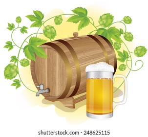 beer barrel with hops and beer mug