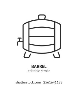 Beer barrel line icon. Wine wooden barrel symbol. Vector sign of alcohol drink. Editable stroke.