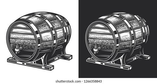 Beer barrel. Monochrome vector illustration in vintage style, on white and dark background.