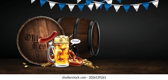 Beer barrel,  mug, sausage and pretzel on wooden background. Highly detailed illustration.