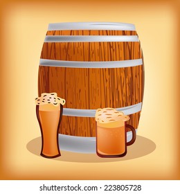 a beer barrel and a pair of beer glasses with foam on a yellow background