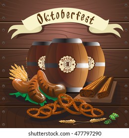 Beer Barrel With Sausage Pretzel Oktoberfest Festival Banner Flat Vector Illustration