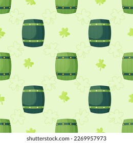 Beer barrel and shamrock seamless pattern. Vector flat style. St. Patrick's Day.