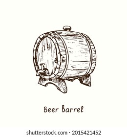 Beer barrel side view with tap. Ink black and white doodle drawing in woodcut style.