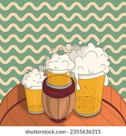 Beer and barrel vector design special national beer day with vintage style, concept tree size mug of beer and  barrel on the wooden tray