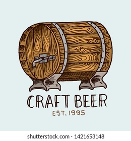 Beer Barrel in vintage style. Alcoholic Label with calligraphic elements. Classic American badge for poster banner. Cheers toast. Hand drawn engraved sketch lettering for web, pub menu.
