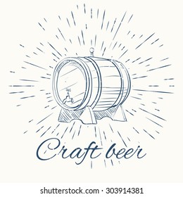 beer barrel and vintage sun burst frame. craft beer emblem. Isolated on white background.