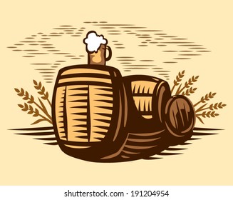 Beer barrels and tankard label vector template 