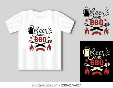 Beer and BBQ. Lettering for t shirt, poster, card. Funny BBQ concept with t-shirt mockup. Vector illustration