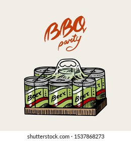 Beer for Bbq party in vintage style. Drawn by hand. Barbecue grill banner. Vector illustration for menu or labels.