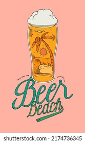 Beer beach. Beer glass with a tropical beach inside. Surfing vacation vintage typography t-shirt print vector illustration.