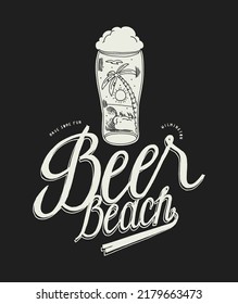 Beer beach. Glass of beer with tropical beach with palm and wave in it. Vintage typography t-shirt print vector illustration.