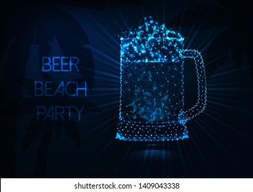 Beer beach party concept with glowing low polygonal beer glass mug, rays, palm trees and text on dark blue background. Futuristic wireframe design vector illustration. 