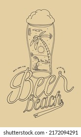 Beer beach. Wave hitting the beach with a sun and palm-tree inside a beer glass. Tropical vacation vintage typography silkscreen t-shirt print vector illustration.