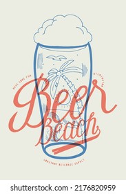 Beer beach. Beach with a wave and palm-tree under the sun inside the beer glass. Beach vacation silkscreen vintage typography t-shirt print.