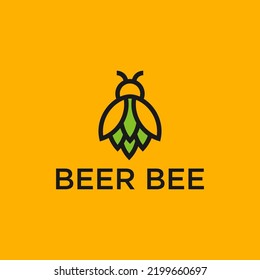 beer bee logo design combination with honey bee and hops vector illustration on yellow background