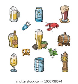 Beer in beerhouse brewery vector beermug or beerbottle and dark ale or beerbarrel in bar on beery party with alcohol set illustration isolated on white background