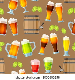 Beer in beerhouse brewery vector beermug or beerbottle and dark ale in bar on beery party with alcohol and beered up in pub illustration seamless pattern background
