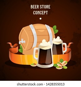 Beer in beerhouse brewery vector beermug beerbottle and dark ale illustration backdrop of beerbarrel in bar on beery alcohol party background banner.