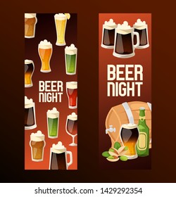 Beer in beerhouse brewery vector beermug beerbottle and dark ale illustration backdrop set of beerbarrel in bar on beery alcohol party background banner