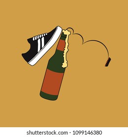 Beer being kicked by a skate shoe, the lid is tumbling down, the foam is flowing out