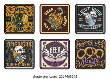 Bierbrauer Vektor Set mit Schädel und Glas für die Gestaltung der Bierbrauerei. Die Kollektion Vintage-Bierdeckels mit Skelett Hand, für Handwerk Brauen. Alte Retro-Designs für die Dekoration der Bar