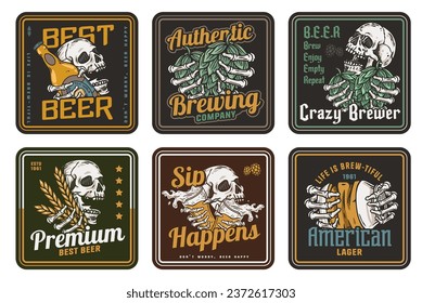 Beer bierdeckel vector set with skull and glass for design of brew beer in a brewery. The collection vintage bar bierdeckels with skeleton hand for craft brewing. Old retro designs for decor of pub
