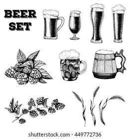 Beer big set, vector illustration sketch in ink. The first part of the set.