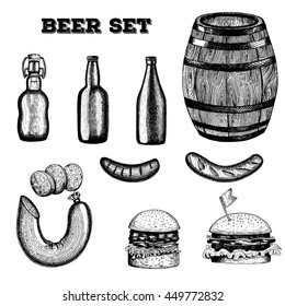 Beer big set, vector illustration sketch in ink. The second part of the set.