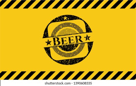 Beer black grunge emblem with yellow background. Vector Illustration. Detailed.