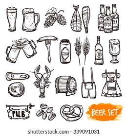 Beer black pictograms set with oak barrel hop malted barley grain and snacks doodle isolated vector illustration